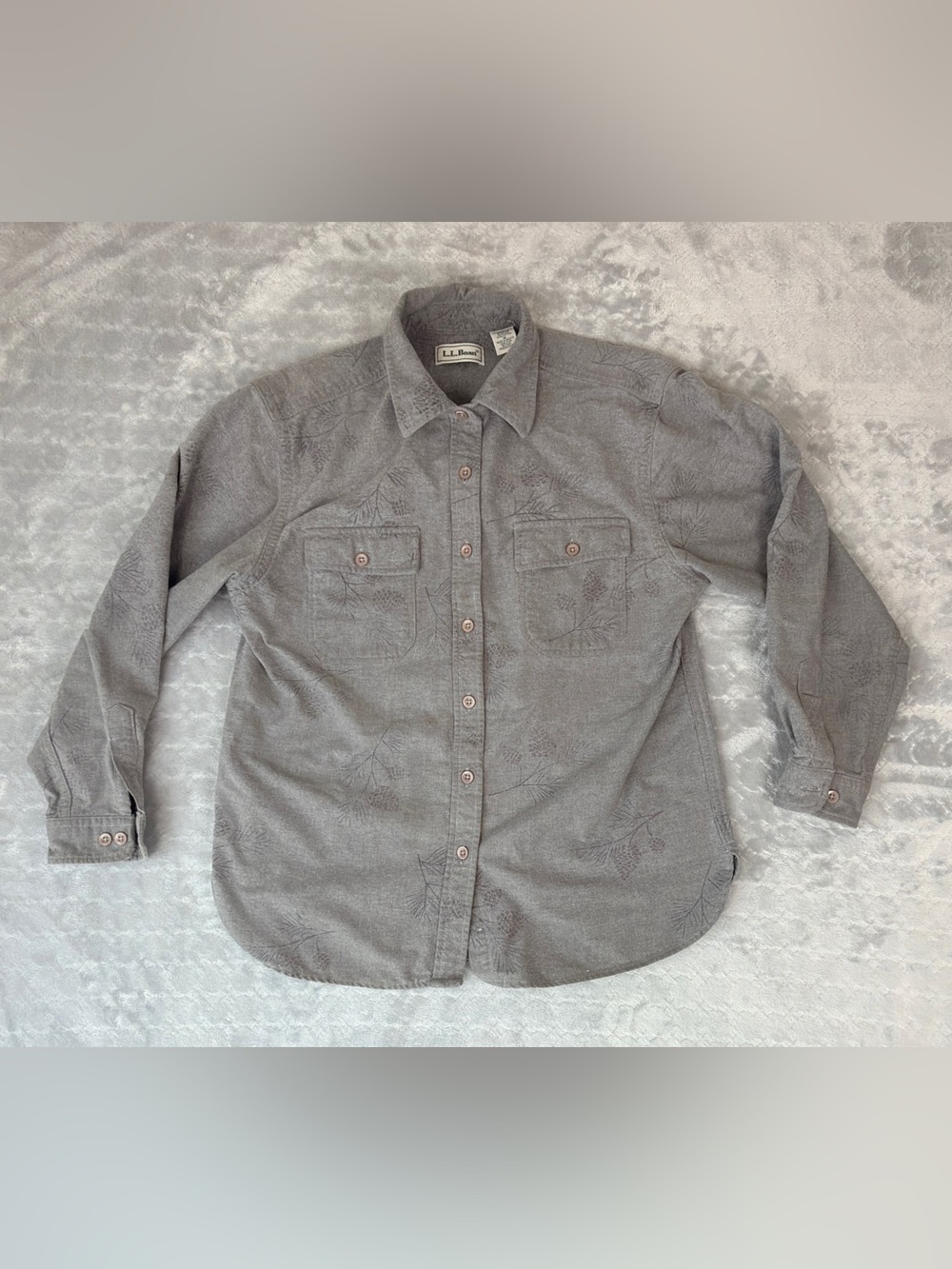 LL Bean Women's Medium Pinecone Print Flannel Shirt Gray Cotton